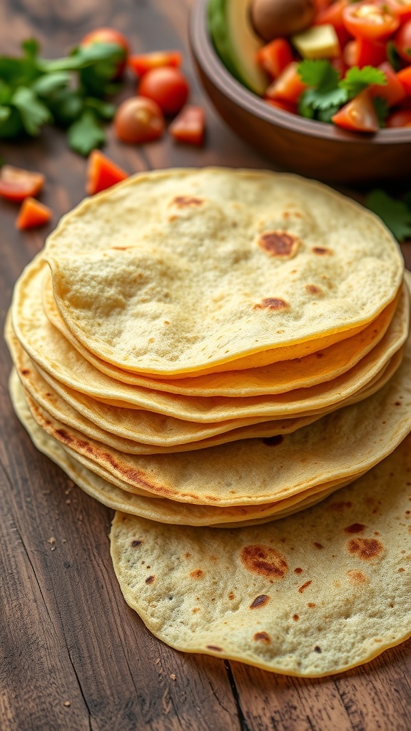 A stack of warm corn tortillas on a wooden table with fresh ingredients for tacos.